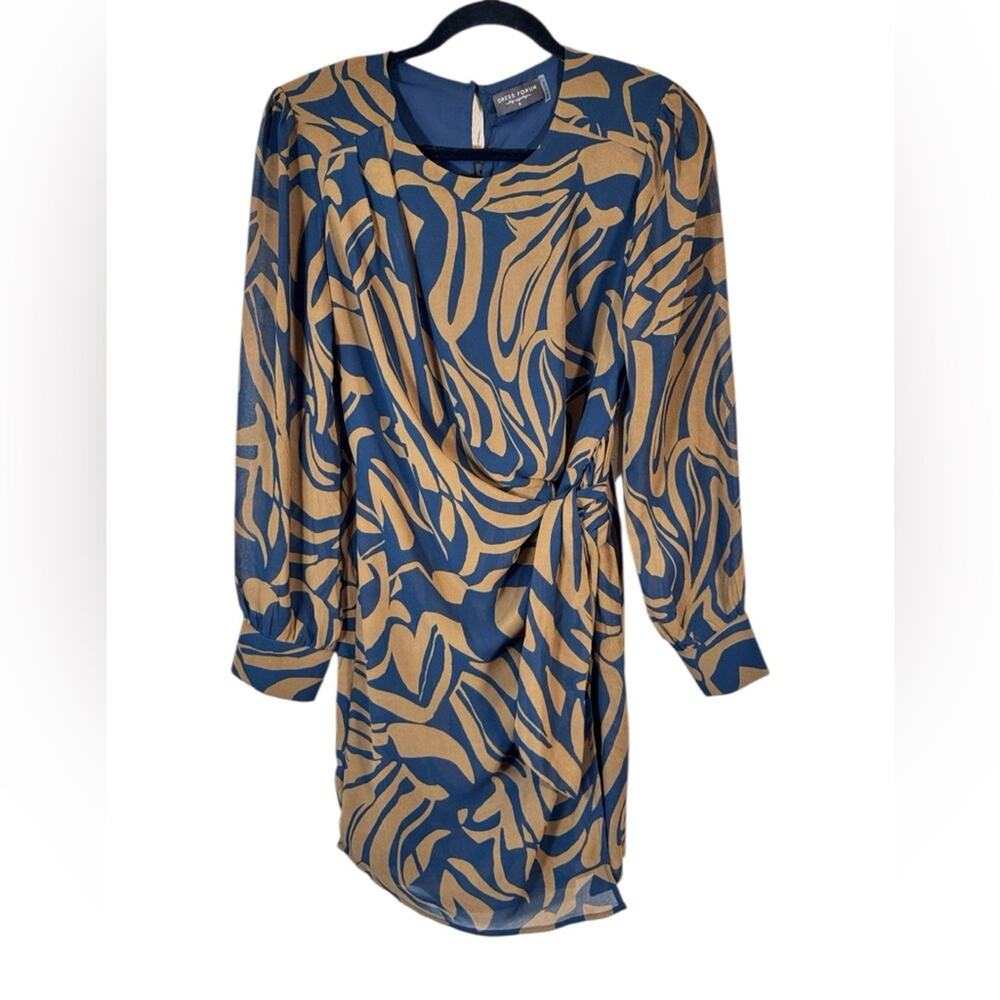 Dress Forum Brown Blue Floral Long Sleeve Mini Dress Womens S Classic Faux Wrap
